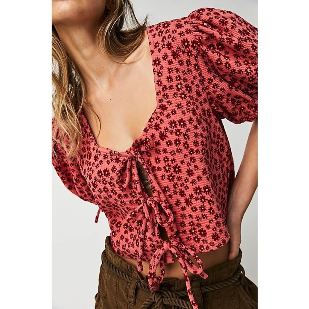 Free People Sweet Sun Top XS Salmon Floral Tie Front Puff Sleeve Orange Red